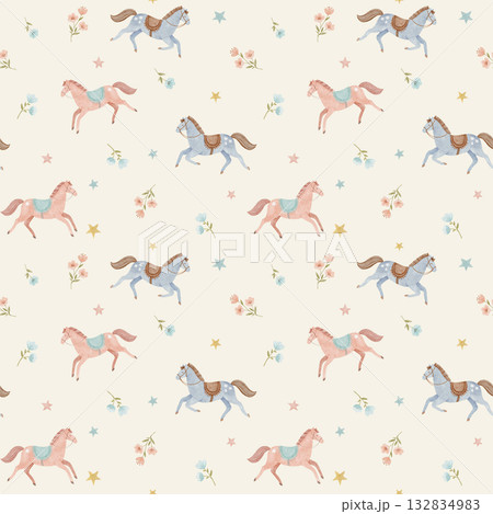 Pattern with cute horses in soft watercolor style, pastel colors for baby and kids room. Seamless gentle design with flowers perfect for nursery decor and prints Pattern with cute horses in soft watercolor style, pastel colors for baby and kids room. Seamless gentle design with flowers perfect for nursery decor and prints 132834983