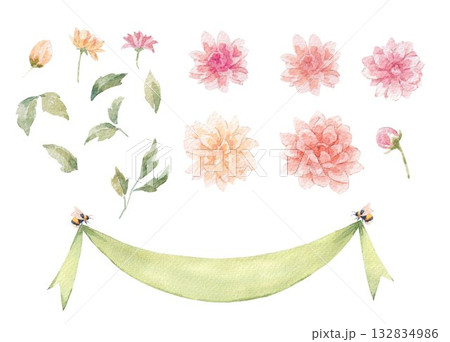 Watercolor floral clipart set with chrysanthemums, leaves and bees holding a green ribbon. Hand-painted flower elements for wedding invitations, cards, posters and decor. Watercolor floral clipart set with chrysanthemums, leaves and bees holding a green ribbon. Hand-painted flower elements for wedding invitations, cards, posters and decor. 132834986