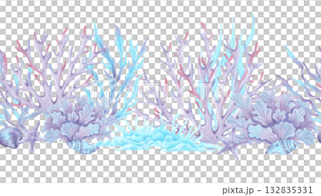 A seamless border featuring underwater elements corals, seaweed, starfish, and shells. Watercolor illustration. Hand drawn isolated art. Horizontal frame for children's design, travel and packaging. 132835331