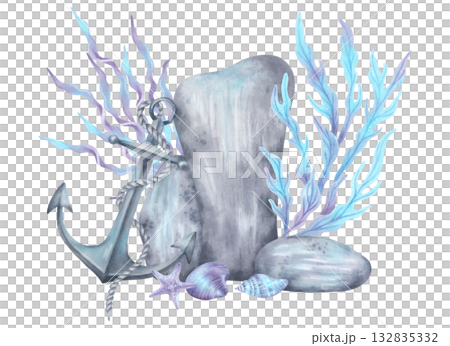 Composition of stones with an anchor, shell, seaweed. Watercolor illustrations. Hand drawn, isolated drawing of pebbles, equipment, animals. Suitable for marine scenes, ocean landscapes, navigation. Composition of stones with an anchor, shell, seaweed. Watercolor illustrations. Hand drawn, isolated drawing of pebbles, equipment, animals. Suitable for marine scenes, ocean landscapes, navigation. 132835332