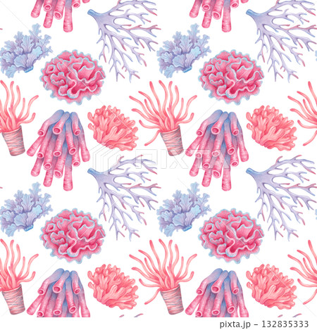 Seamless pattern with colorful corals. Watercolor illustration of underwater marine animals. Hand-drawn isolated illustration. Background for decorative projects, fabrics, textiles, and packaging. 132835333