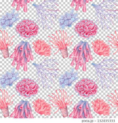 Seamless pattern with colorful corals. Watercolor illustration of underwater marine animals. Hand-drawn isolated illustration. Background for decorative projects, fabrics, textiles, and packaging. 132835333