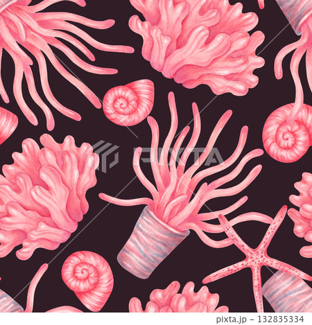 Seamless peach pattern with corals, spiral shells, and starfish. Watercolor marker illustration. Hand drawn isolated background. Marine underwater animals for textiles, fabrics and summer products. 132835334