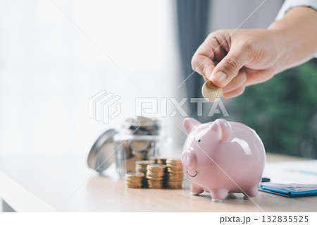 Concept of saving money and financial security. Pink piggy bank surrounded by coins on office desk with businesswoman in background, symbolizing investment, wealth growth and budget management. Concept of saving money and financial security. Pink piggy bank surrounded by coins on office desk with businesswoman in background, symbolizing investment, wealth growth and budget management. 132835525