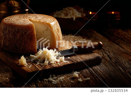 Golden cheese wheel on wooden cutting board with knife and crumbs Golden cheese wheel on wooden cutting board with knife and crumbs 132835534