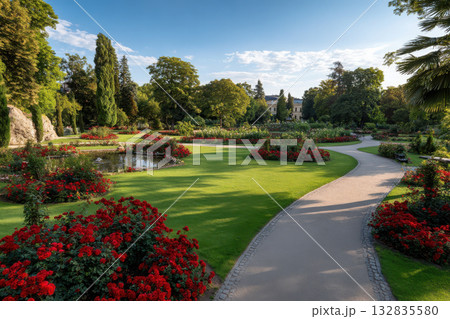 Blooming rose bushes in a vibrant botanical garden 132835580