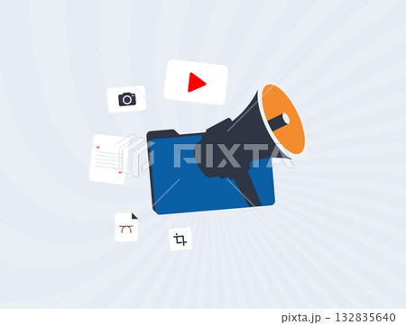 Content distribution platform - brand visibility with multimedia asset management, media kit, automated publishing workflows, cross-channel engagement analytics for marketing impact illustration Content distribution platform - brand visibility with multimedia asset management, media kit, automated publishing workflows, cross-channel engagement analytics for marketing impact illustration 132835640