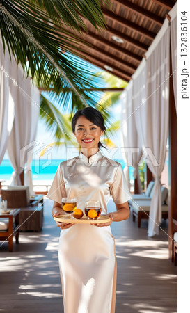 Beautiful Asian woman waiter carrying on tray drinks while working in restaurant. 132836104
