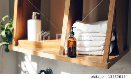 Spa treatment set, wooden shelf with neatly folded towels and dispensers for soap, cream, massage oil 132836184