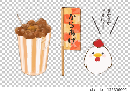 カップ唐揚げとのぼり、にわとりのイラストセット カップ唐揚げとのぼり、にわとりのイラストセット 132836605