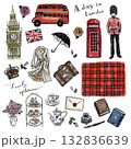 ロンドンの旅と英国雑貨の手描き水彩イラストセット（透過PNG） 132836639