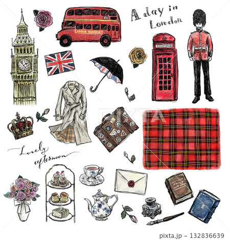 ロンドンの旅と英国雑貨の手描き水彩イラストセット(透過PNG) ロンドンの旅と英国雑貨の手描き水彩イラストセット(透過PNG) 132836639