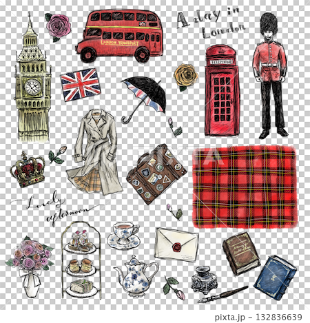 London Travel and British Goods Hand-Drawn Watercolor Illustration Set (Transparent PNG) London Travel and British Goods Hand-Drawn Watercolor Illustration Set (Transparent PNG) 132836639