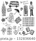 ロンドンの旅と英国雑貨の線画イラストセット（透過PNG） 132836640
