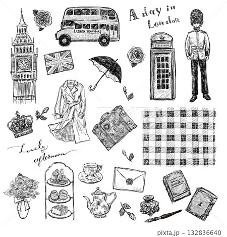 ロンドンの旅と英国雑貨の線画イラストセット（透過PNG） 132836640