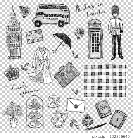 London Travel and British Goods Line Drawing Illustration Set (Transparent PNG) 132836640