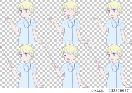 一位女護士正在指導，她身穿護士服，手持指示棒。一套包含6張年輕女性講解的剪貼畫。 132836687