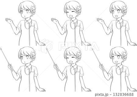 案内する女性看護師、指し棒を持つナース服の女性。説明する若い女性の未彩色線画6点セット 132836688
