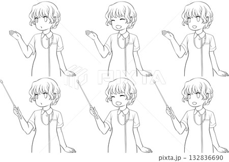 案内する女性看護師、指し棒を持つナース服の女性。説明する若い女性の未彩色線画6点セット 132836690