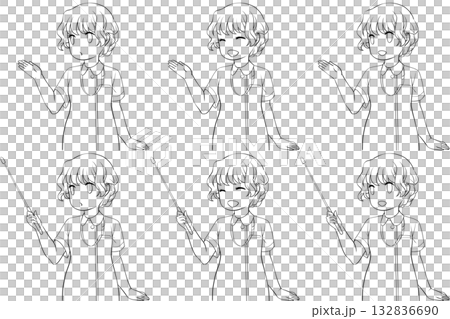 案内する女性看護師、指し棒を持つナース服の女性。説明する若い女性の未彩色線画6点セット 132836690