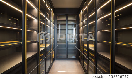 モダンでラグジュアリーなウォークインクローゼット：ガラス扉と間接照明 132836777