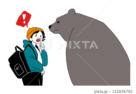 熊に遭遇して驚く女性登山者のイラスト（熊被害・山の危険） 132836792