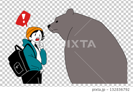 Illustration of a female climber surprised by a bear encounter (bear damage, mountain danger) 132836792