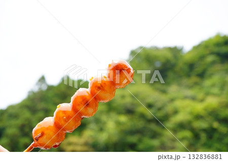 青空と緑を背景にしたみたらし団子 自然の中で楽しむ和スイーツ 青空と緑を背景にしたみたらし団子 自然の中で楽しむ和スイーツ 132836881