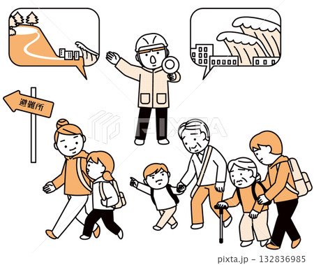 高台へ避難する人々 132836985