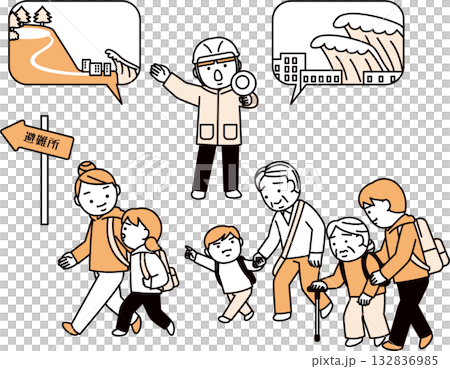 高台へ避難する人々 132836985