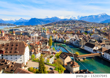View of the Reuss river and old town of Lucerne (Luzern) city, Switzerland. View from above View of the Reuss river and old town of Lucerne (Luzern) city, Switzerland. View from above 132837045