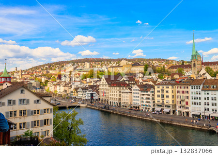 View of old town of Zurich and the Limmat river from Lindenhof hill, Switzerland 132837066