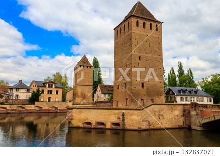 View on medieval bridge Ponts Couverts over the  River Ill in Strasbourg, Alsace, France 132837071