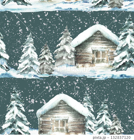 Snowy Christmas, winter landscape watercolor seamless pattern. Snowfall Snow covered house, cabin, pine tree. Hand drawn illustration on isolated dark green background for fabric, wallpaper, wrapping. 132837120