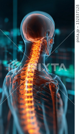 頭から腰までの脊椎を強調した人体イメージ、医療・教育 132837128