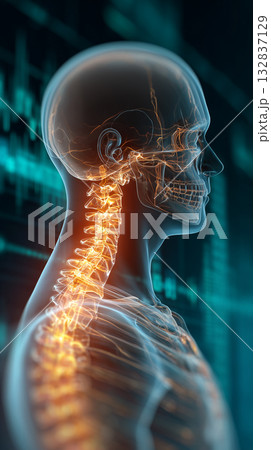 頭から肩までの脊椎を強調した人体イメージ、医療・教育 132837129