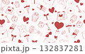 Playful seamless Valentines Day pattern featuring hearts chocolates cupcakes flowers, and love letters in red tones ideal for romantic designs and packaging vector and illustration. 132837281