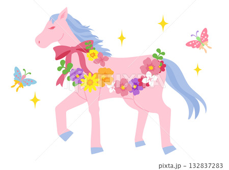 花とリボンで飾った馬のベクターイラスト 花とリボンで飾った馬のベクターイラスト 132837283