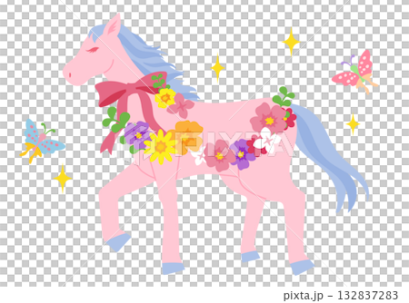 花とリボンで飾った馬のベクターイラスト 花とリボンで飾った馬のベクターイラスト 132837283