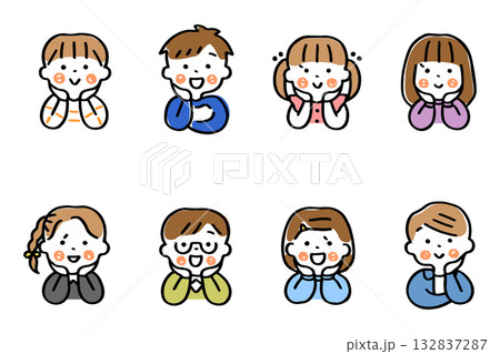 頬杖をつくこどもたちのイラストセット(表情①)① 頬杖をつくこどもたちのイラストセット(表情①)① 132837287