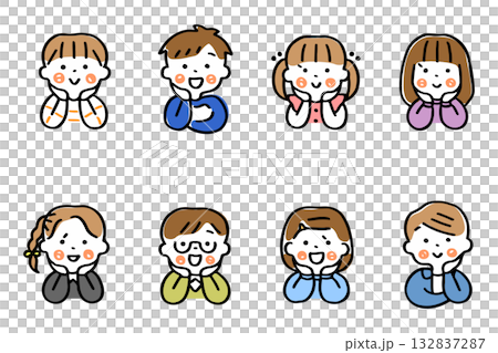 頬杖をつくこどもたちのイラストセット(表情①)① 頬杖をつくこどもたちのイラストセット(表情①)① 132837287