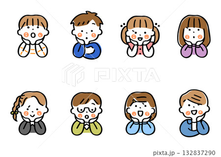 頬杖をつくこどもたちのイラストセット(表情②)① 頬杖をつくこどもたちのイラストセット(表情②)① 132837290