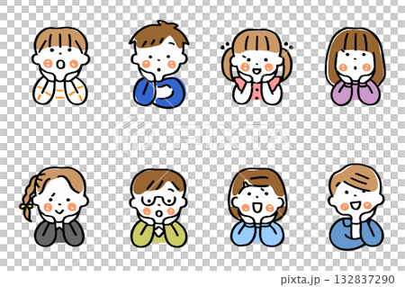 頬杖をつくこどもたちのイラストセット(表情②)① 頬杖をつくこどもたちのイラストセット(表情②)① 132837290