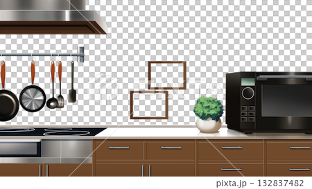 壁が透過された、現代的なキッチン 132837482