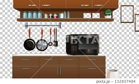 A contemporary kitchen with transparent walls 132837484