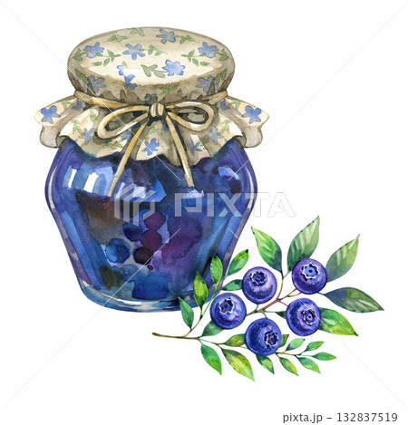 Watercolor illustration of a jar of blueberry jam with a floral fabric lid and fresh berries branch. Perfect for kitchen decor, packaging design, labels, and farmhouse-style prints. 132837519