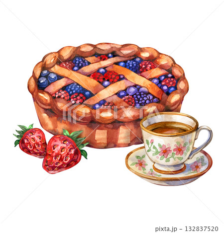Breakfast food illustration. Cup of tea, pie with mix berries, isolated on white background Breakfast food illustration. Cup of tea, pie with mix berries, isolated on white background 132837520