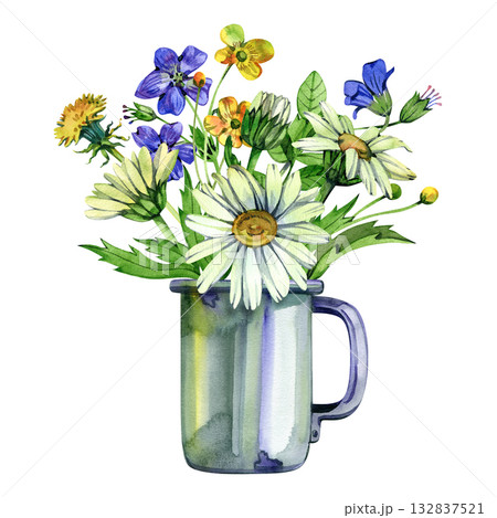 An illustration with a bouquet of the beautiful wildflowers in a rustic mug, isolated hand drawn in a watercolor on a white background An illustration with a bouquet of the beautiful wildflowers in a rustic mug, isolated hand drawn in a watercolor on a white background 132837521