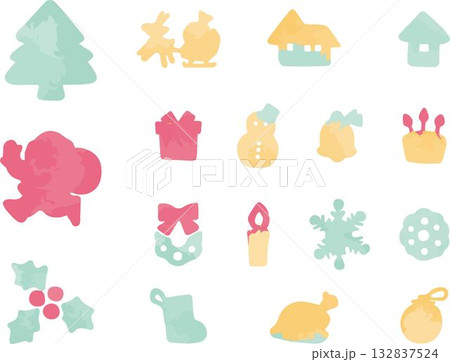水彩風テクスチャのクリスマスイラスト　飾り　あしらい　サンタ　ケーキ　プレゼント　デザイン　素材 132837524