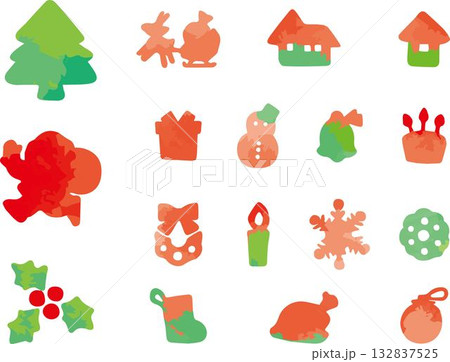 水彩風テクスチャのクリスマスイラスト　飾り　あしらい　サンタ　ケーキ　プレゼント　デザイン　素材 132837525